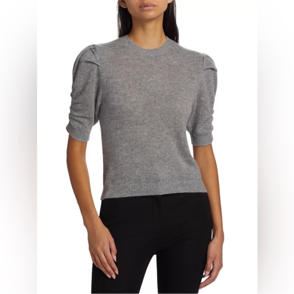 Frame Cashmere Frankie Crew Ruched Short Puff Sleeve Sweater Grey Medium